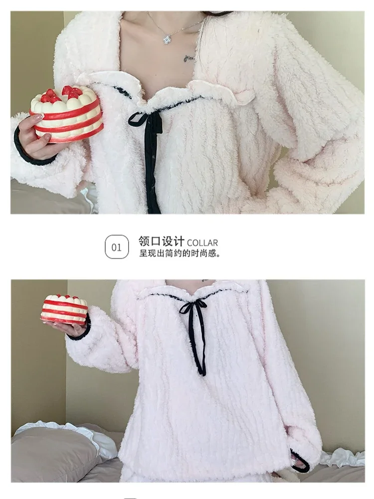 5XL Sweet Plush Pajamas Set Women Autumn Winter Warm Loungewear New Large Size Long Sleeve Flannel Homewear Can Be Worn Outside