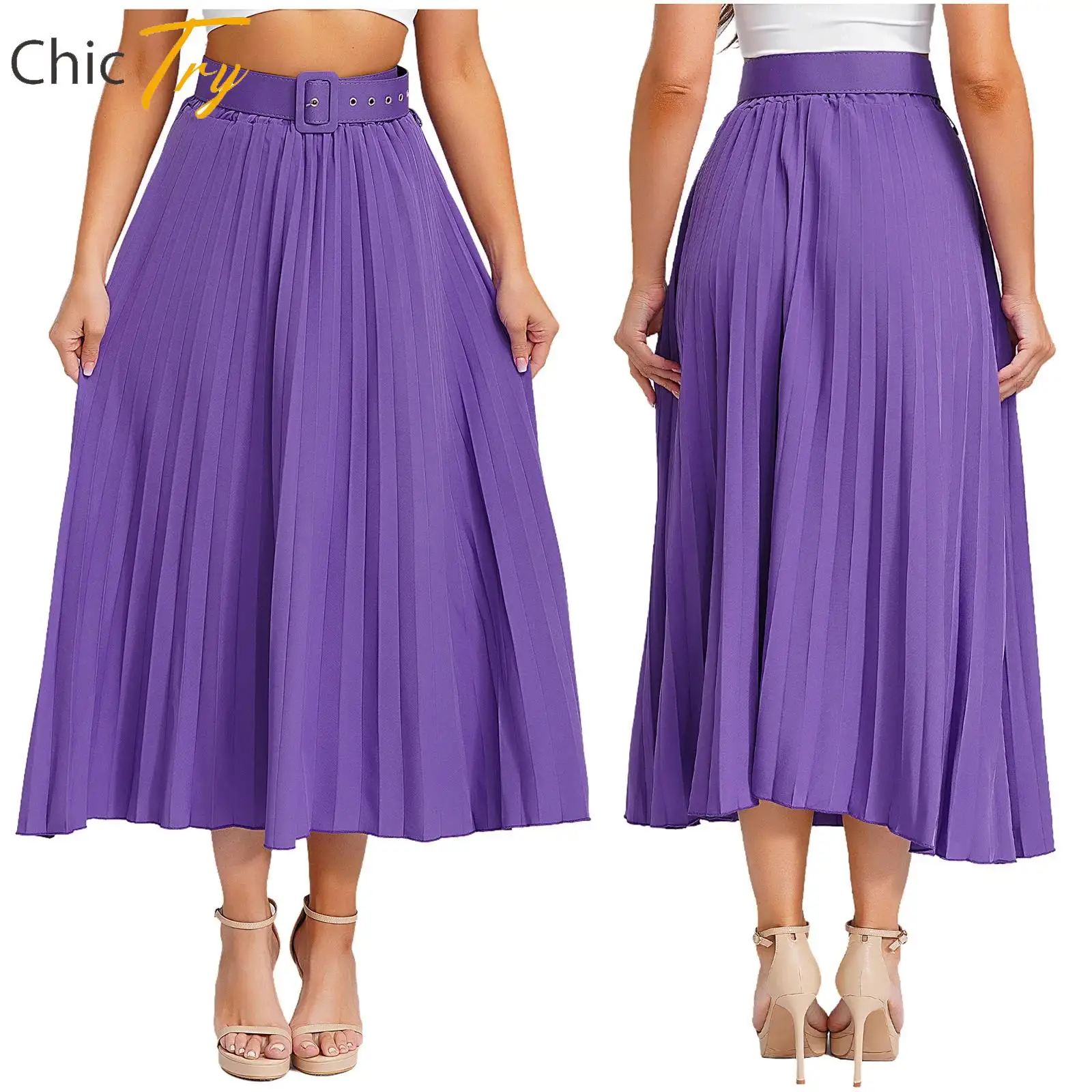 

New Womens Office Work Solid Color Pleated Skirt with Belt Elastic High Waist Maxi Skirt Swing A-Line Skirt Fashion Casual Skirt