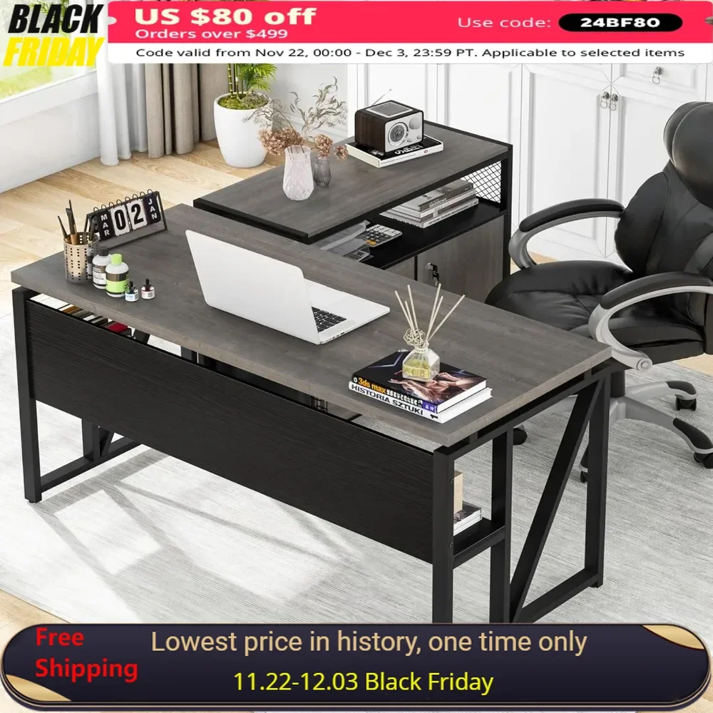 

55" L Shaped Desk with Drawer Cabinet and Lateral File Cabinet，2 Piece Office Furniture with Drawers，Executive Computer Desk