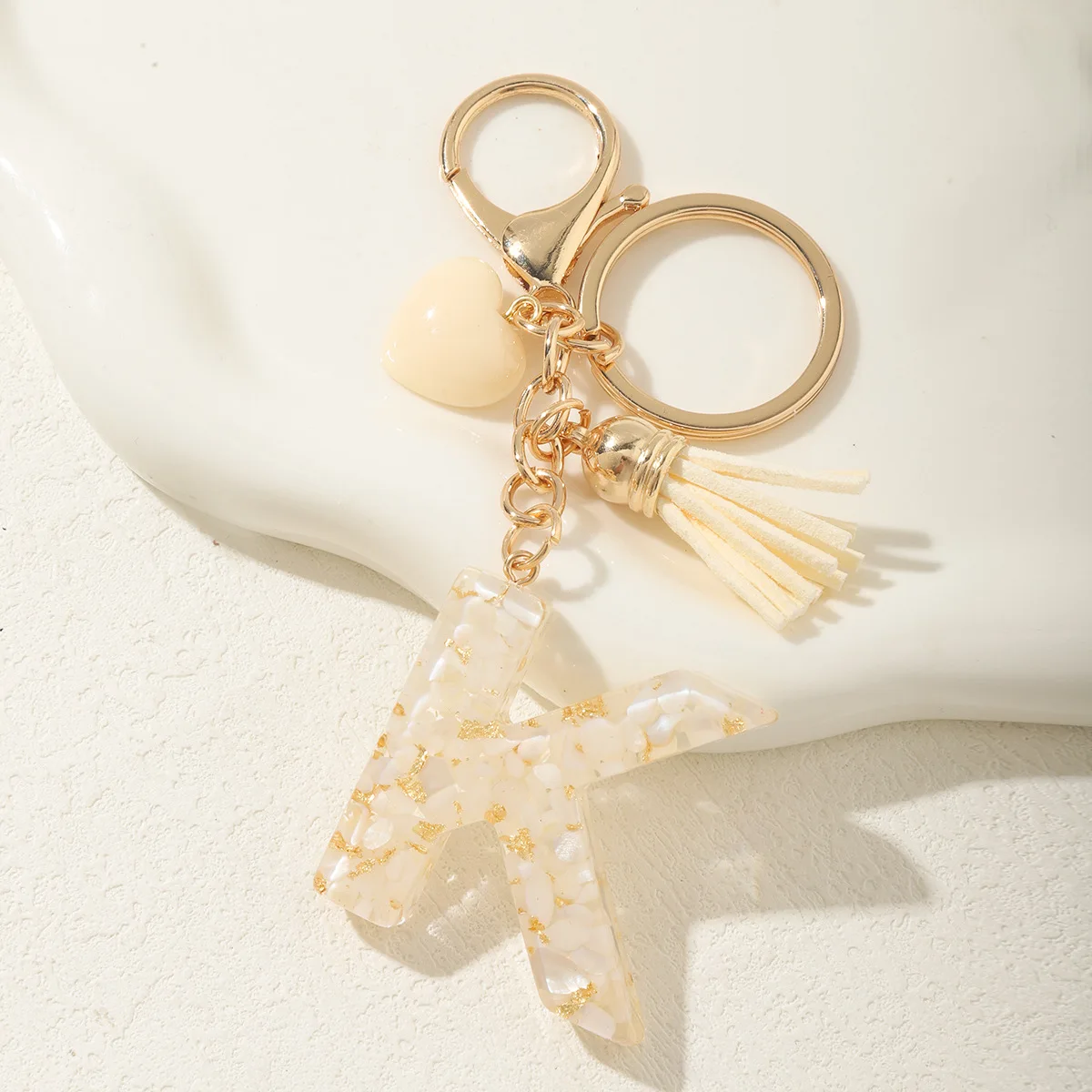 Cream-coloured 26 Initials Keychain Cute Heart Tassel Pendant Letter Key Chains for Women Girls Purse Bag Jewelry Car Trinket view 5