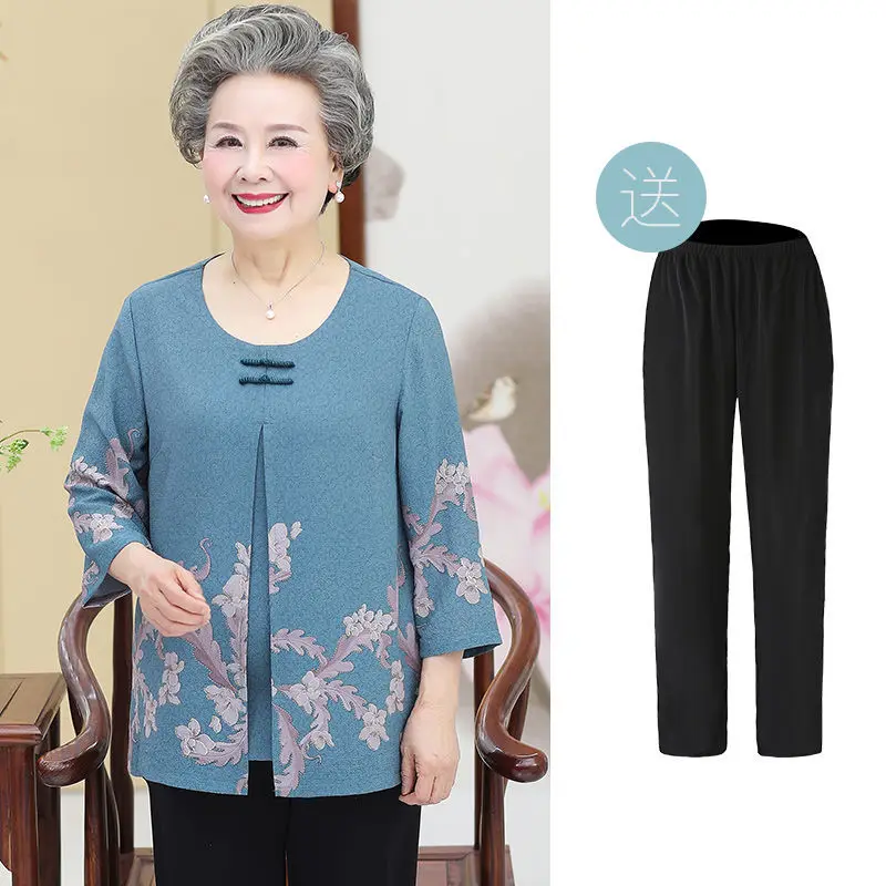 Retro Elderly Mother Spring Summer Fall Clothes 60-85 Years Old Grandma T-Shirt Pant Suit 2 Piece Sets Womens Outfits XL-6XL