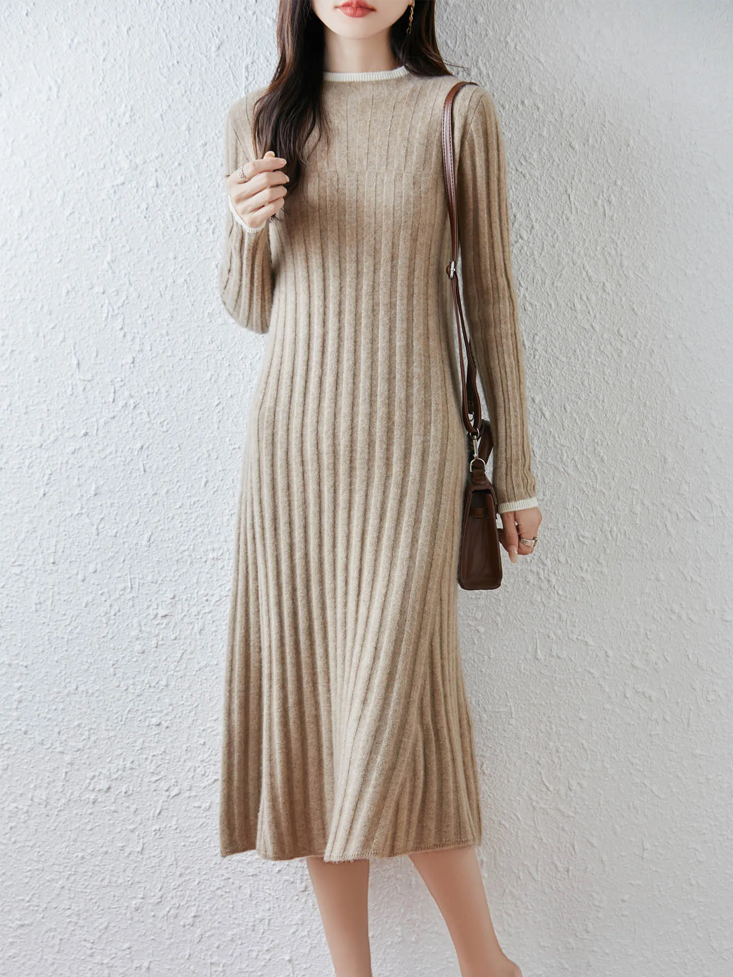 100% Merinowol Dames Lange Ronde Hals Trui Jurk Herfst Winter Casual Mode Zachte Kasjmier Gebreide Jurk