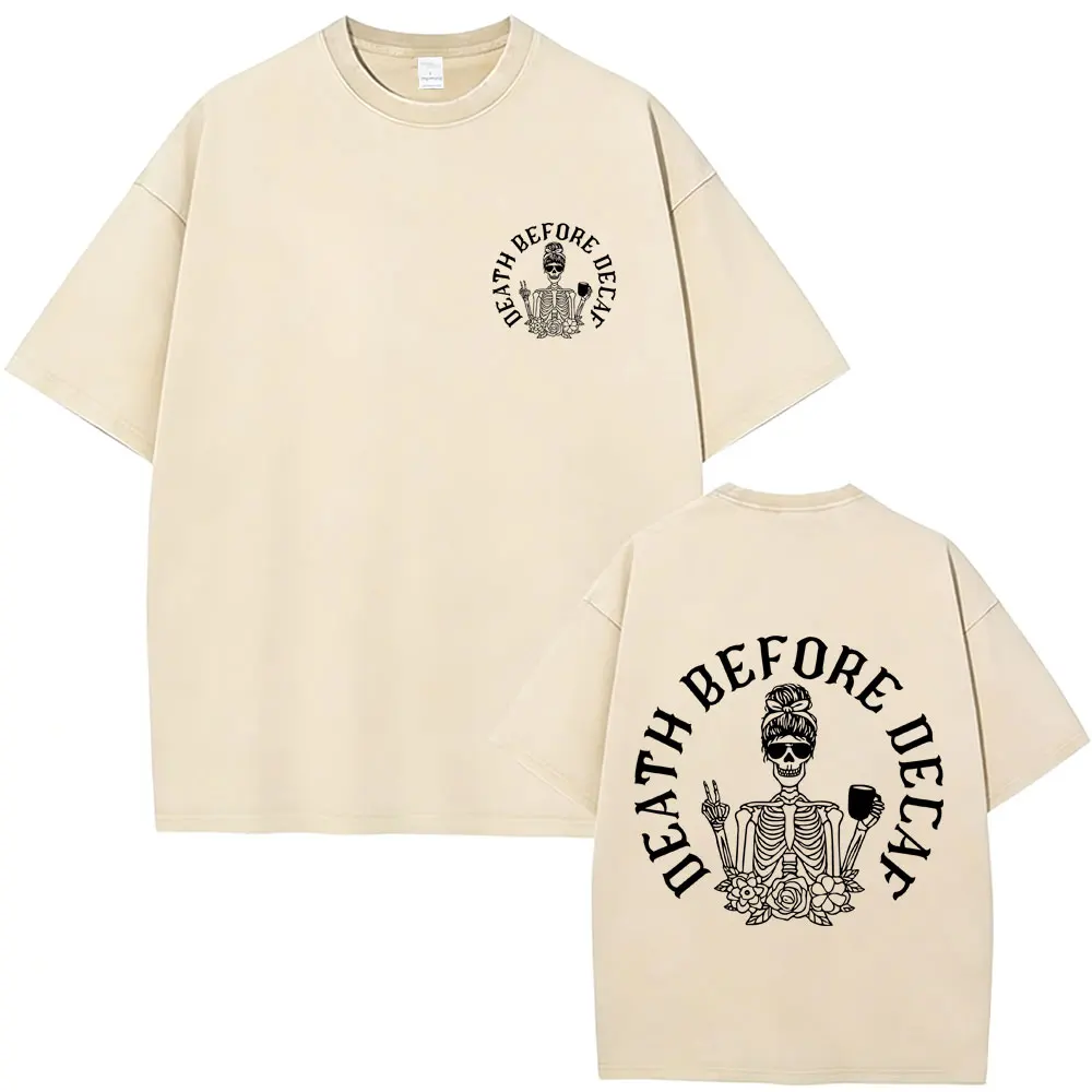

Death Before Decaf Funny Skeleton Vintage Washed T-shirt Men Women Gym Fitness Casual Cotton T Shirt Male Gothic Rock Streetwear