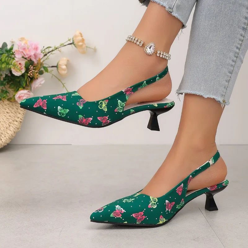 Vintage High Heel Women Sandals Fashion Pointed Toe Singbacks Mules Shoes Summer Elegant Butterfly-knot Dress Sandalias_vogvips.com