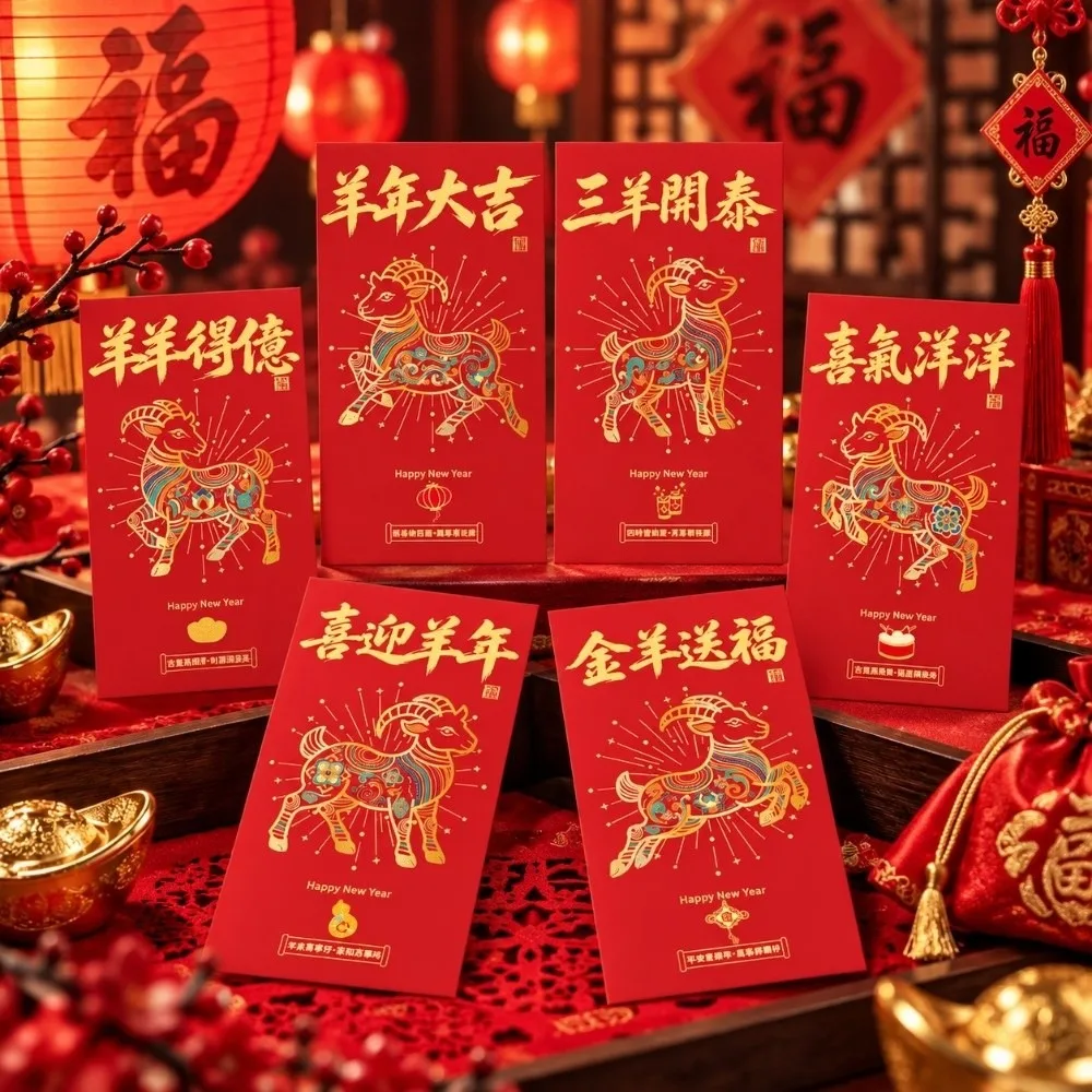 6PCS/Set Lucky Red Envelopes Chinese Style New Year Blessing Cash Gift Envelopes Gold Foil Design New Year Red Packets