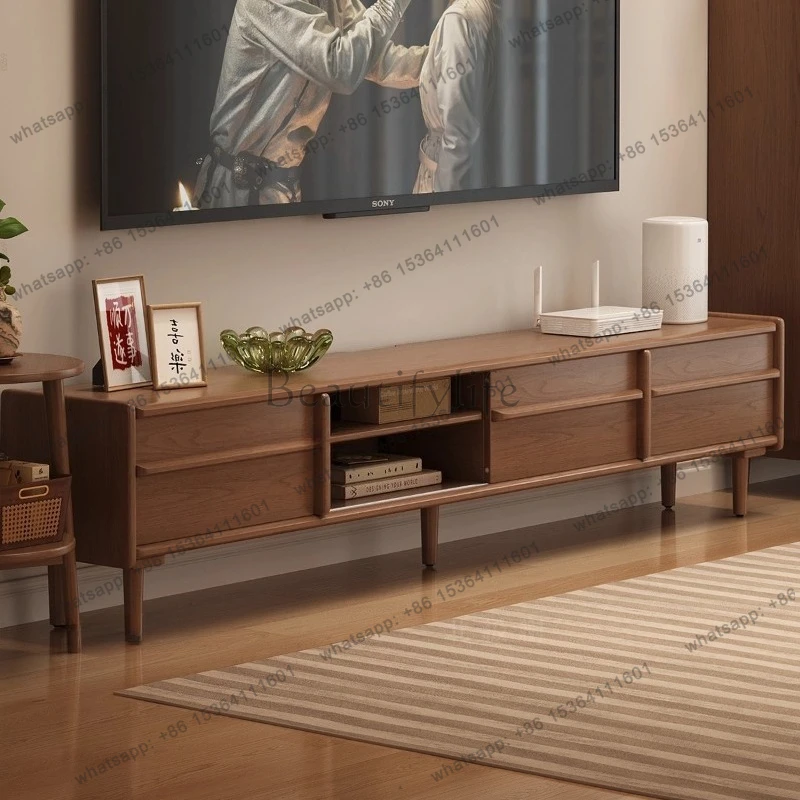 Solid Wood TV Stand Integrated Storage TV Cabinet Living Room Furniture Skeletal Line Appearance Floor-standing Medieval Style