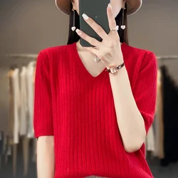 Spring And Summer New V-neck Short-Sleeved Women's Pullover Knitted Bottoming Shirt Half Sleeve Thin Solid Color Sweater