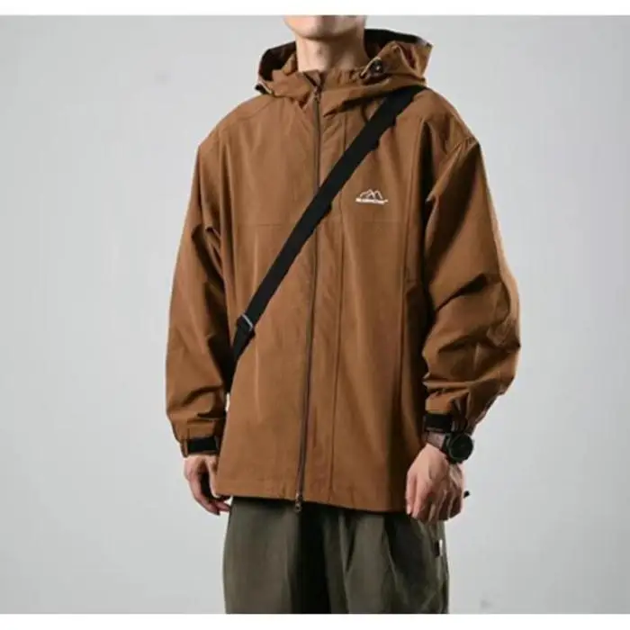 

Двойная молния, свободная посадка, мужская водонепроницаемая куртка с капюшоном для пешего туризма, уличный весенне-осенний модный тюнер для пар, молодежный полиэстер