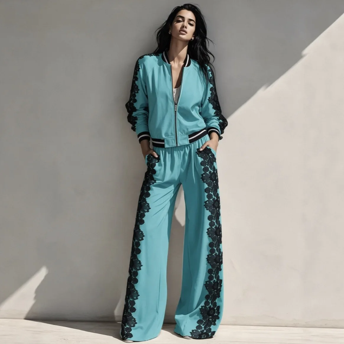 2026 New Sports Suit Lace Patchwork Zipper Jacket Wide-leg Pants. Two-piece Set Fashion Trend Evening Dresses Prom Party Clothes