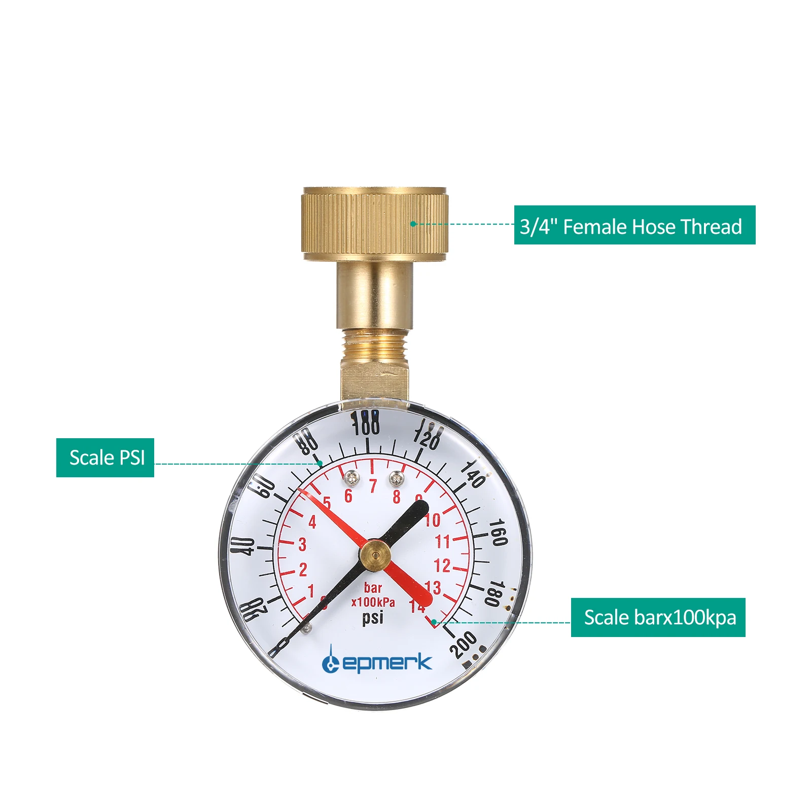 Lepmerk 2- 1/2'' Pressure Gauge Water Pressure Test Gauge 3/4'' Female Hose Thread 0-200 PSI with Red Pointer