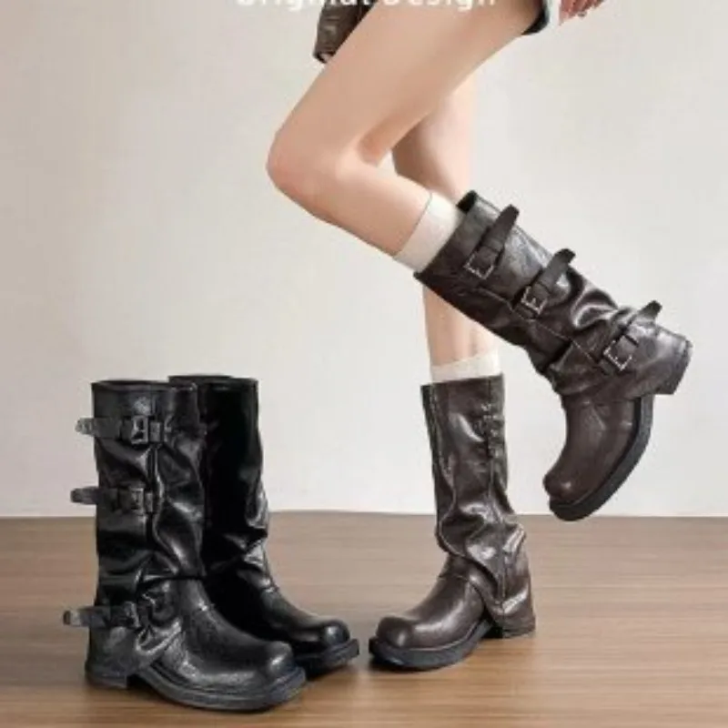 Vintage Cowboy Slouchy Mid Calf Boots Ladies, Distressed Leather Buckle Strap, Square Toe Low Heel Casual Footwear