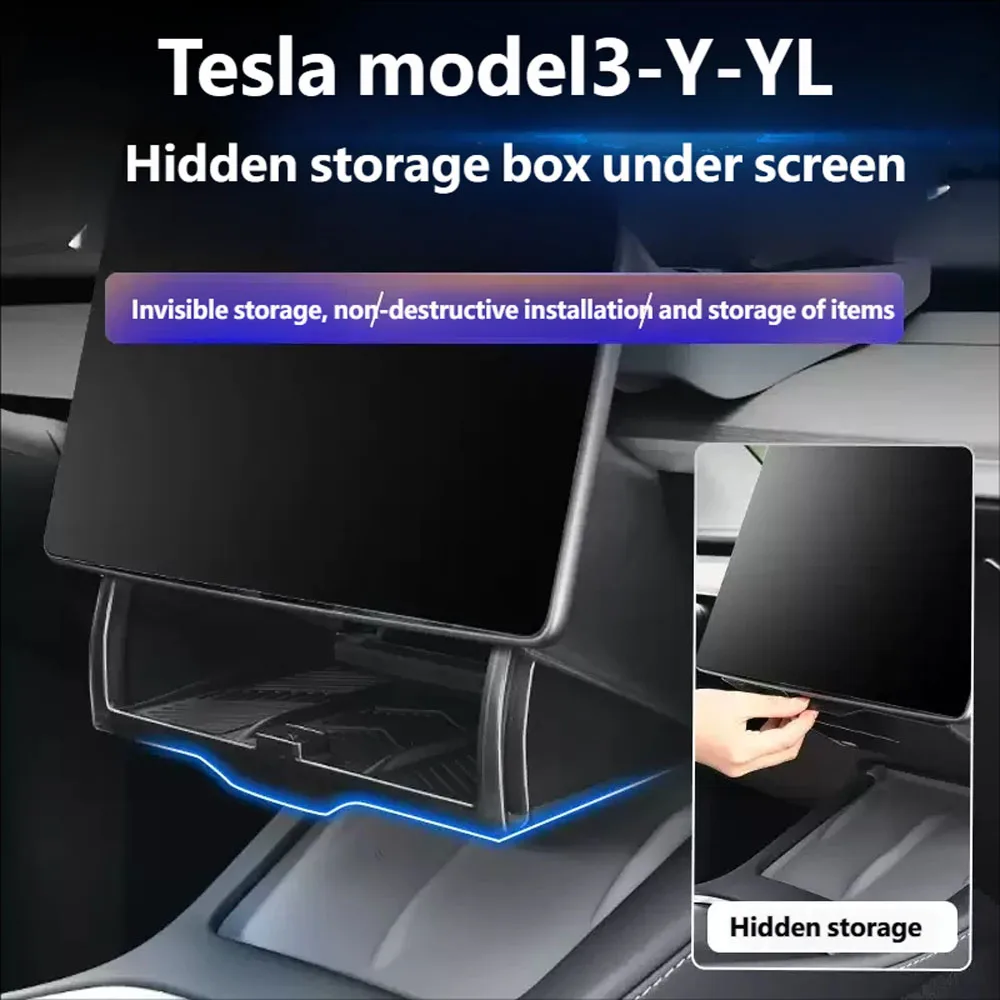For Tesla Model 3-Y-YL-Refresh Hidden Screen Storage Magnetic Opening And Closing Hidden Large Space Storage Box