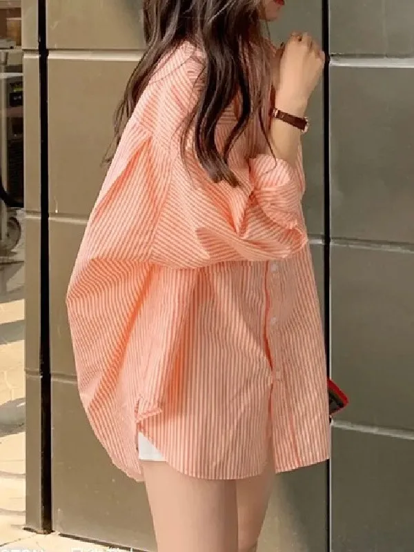 2024 spring and summer new style Design Sense French niche orange top striped shirt for women Leisure Versatile PDDX