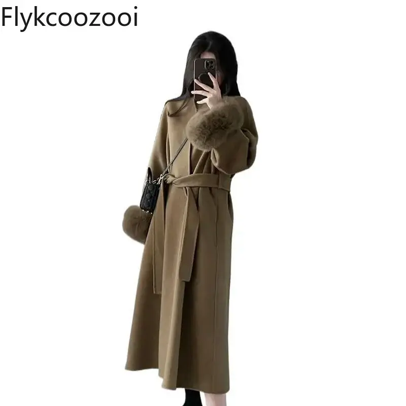 Off-white Green Fruit Collar Woolen Coat for Women 2024 Autumn and Winter New Style Mid-length Over-the-knee Fashionable Jacket