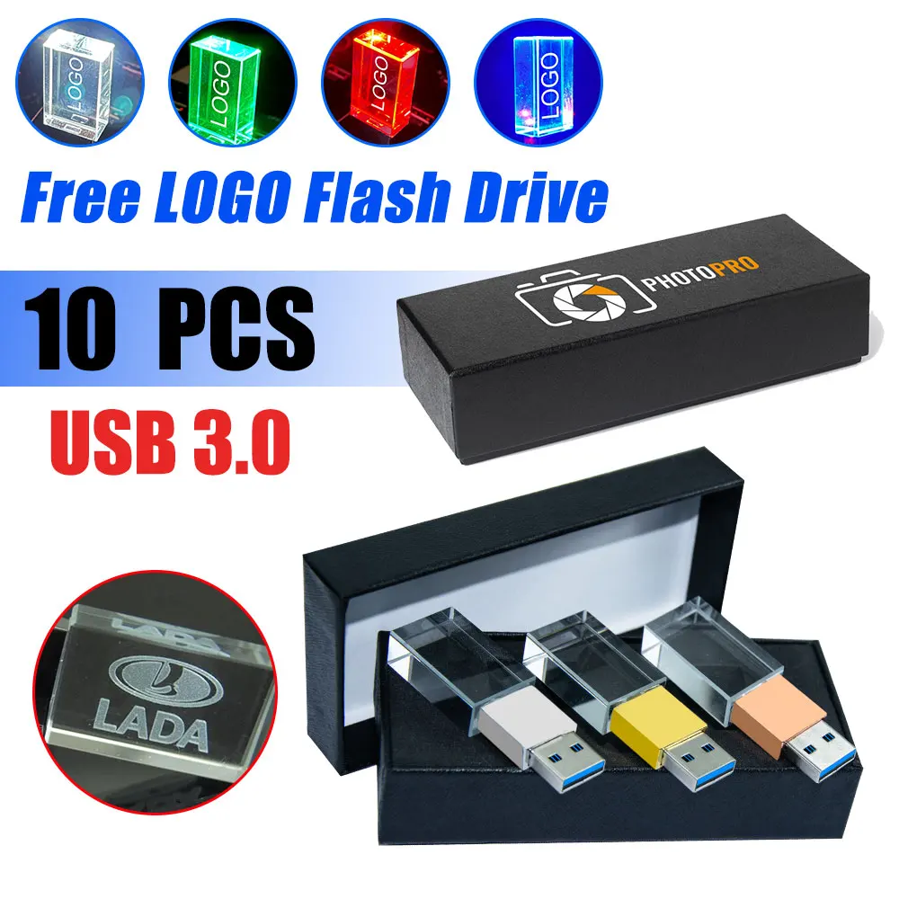 10PCS USB3.0 Flash Drives with Box Crystal Free Engraved Pen Drive 128GB 64GB 32GB 16GGB 8GB Transparent Glass Gift Memory Stick