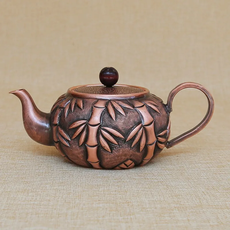 Handmade Carved Pure Red Copper Teapot 400ml Retro Bamboo Pattern Thickened Copper Kettle Tea Pot for Home Tea Making