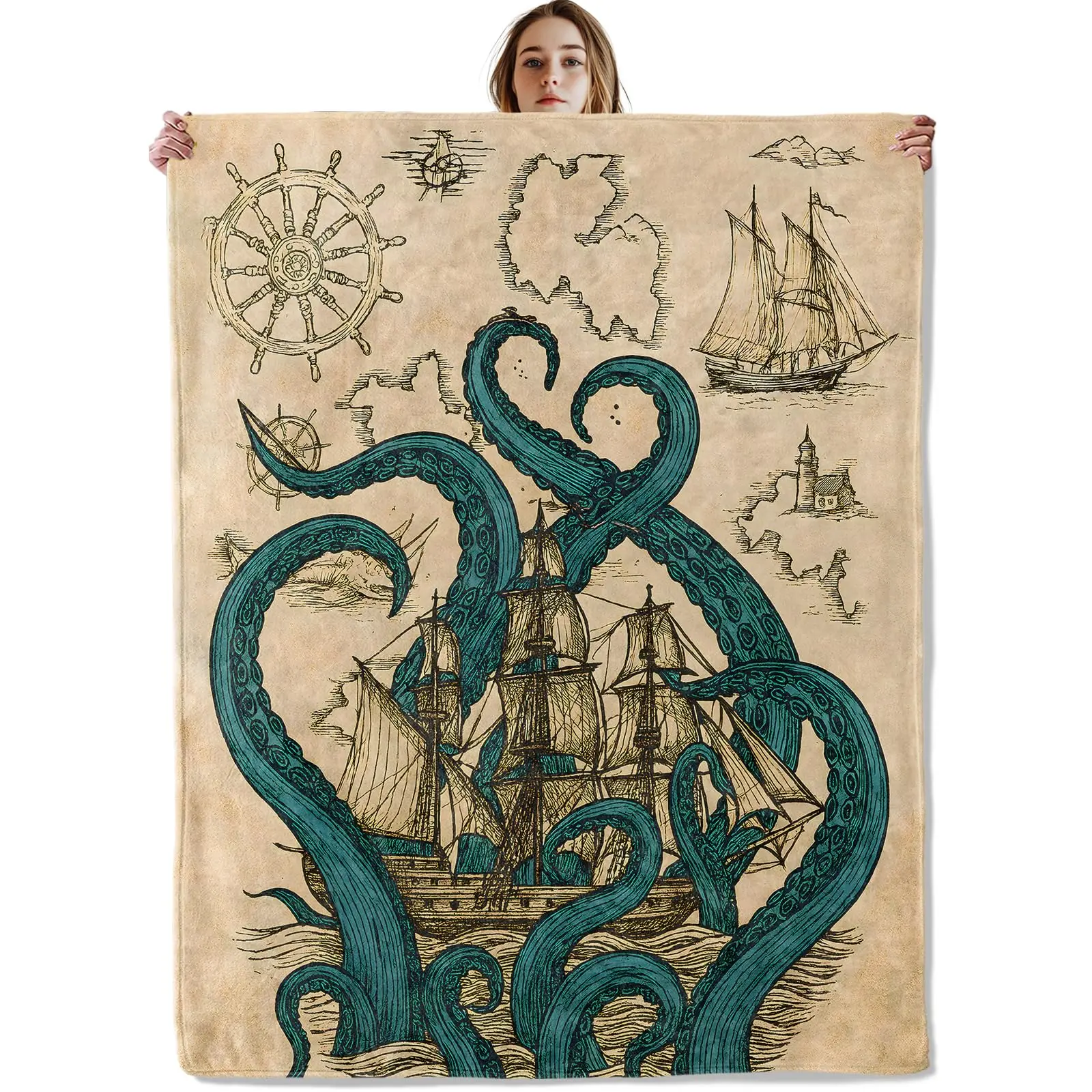 Pirate Ship Flannel Throw Blanket, Fuzzy Soft Lightweight Cozy Warm Retro Medieval Sailboat Ocean Blankets for Couch Bed Travel
