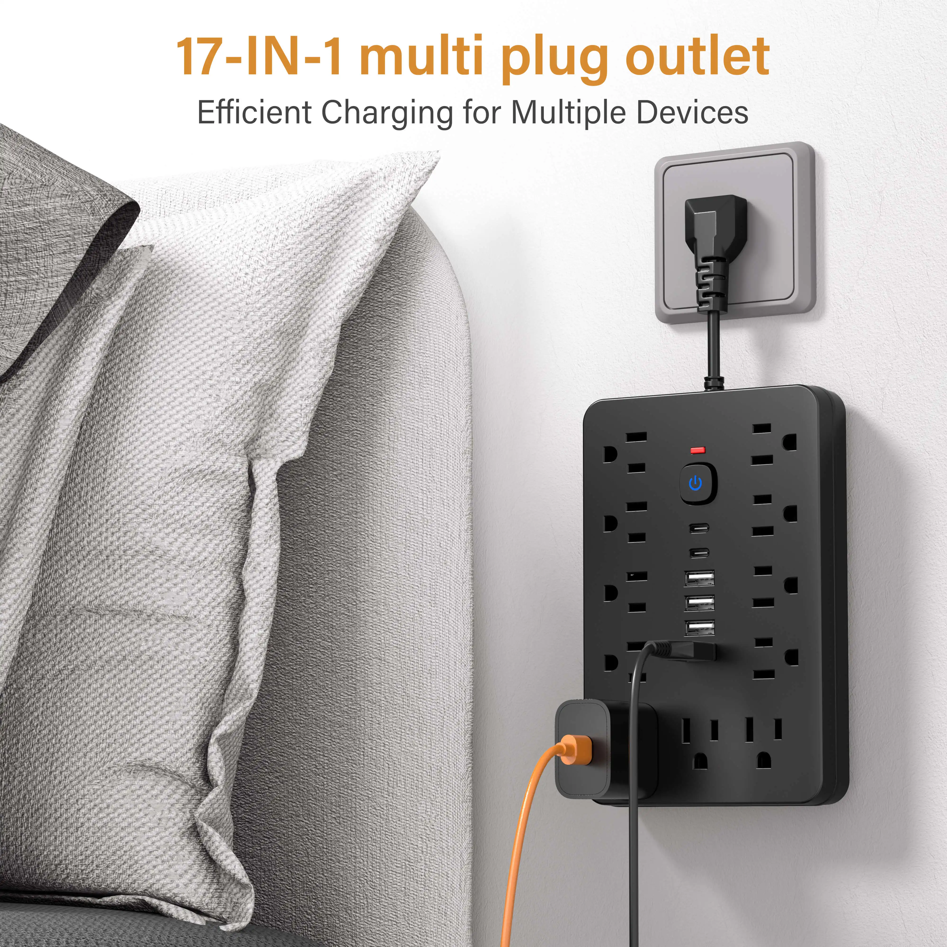 Versatile 17-in-1 Power Hub with Surge Protection - Includes 11 AC Outlets, 4 USB Ports & 2 Type-C