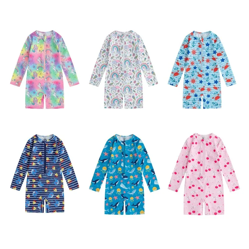 

Girls Swimwears Toddler Boys Long Sleeve One-Piece Swimsuit UPF 50 Quick Dry Rainbow Cloud Unicorn Print Hot Spring Surf Wear
