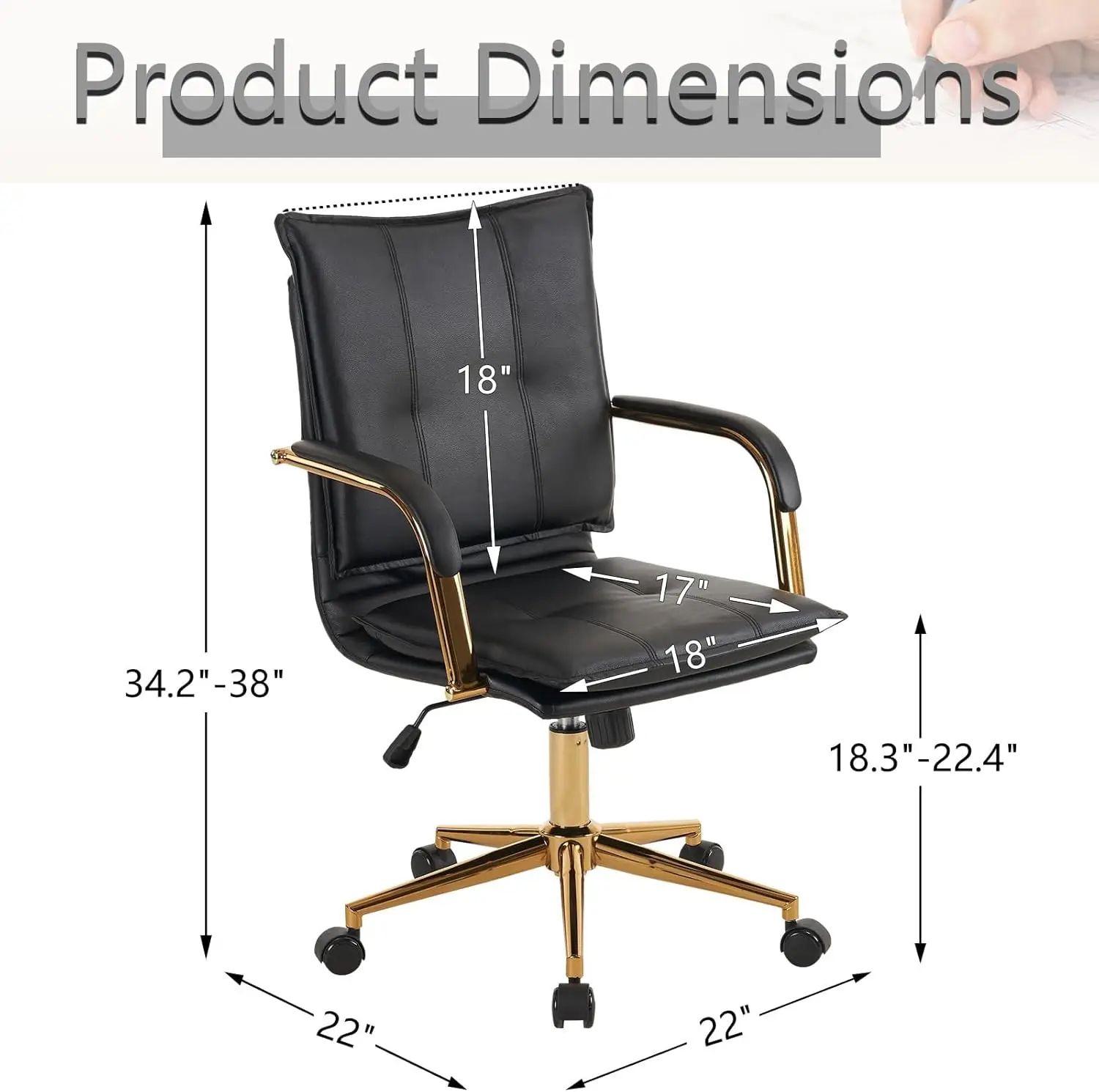 Swivel Wheels Adjustable Height Mid-Back Armless Black PU Leather Office Desk Chair Tilt Function-Ergonomic Computer Task Chair