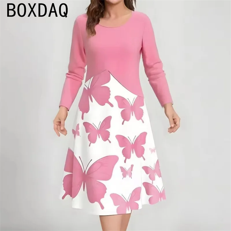 2025 herbst Neue frauen Kleid Lange Ärmeln Rundhals Casual A-line Lose Kleid 3D Vintage Blumen Kleid Vestidos De mujer
