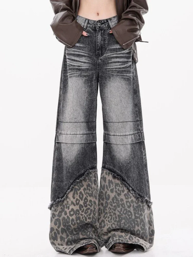 

Y2k Эстетические женские винтажные леопардовые лоскутные джинсы с карманами, уличная одежда, широкие брюки с высокой талией, джинсовые брюки, одежда в стиле Харадзюку