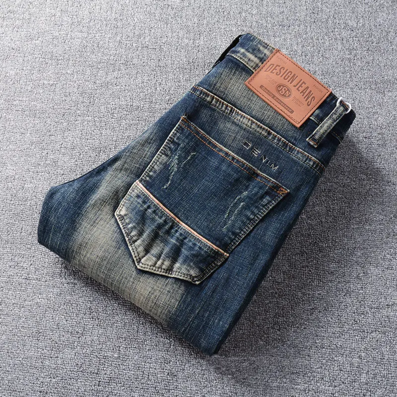 Newly Designer Fashion Men Jeans High Quality Retro Black Blue Stretch Slim Fit Ripped Jeans Men Embroidery Vintage Denim Pants