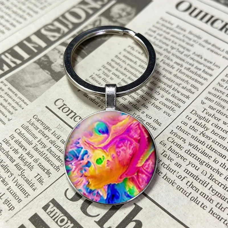 New  Abstract Fluid Alcohol Ink Vivid Rainbow Neon Marble Swirl Silver Frame Glass Keychain