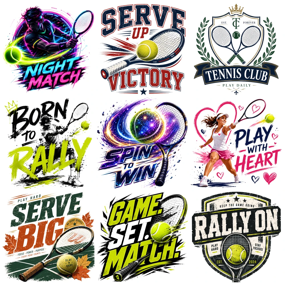 9 Pcs Tennis Theme Iron on Transfers for clothing, T-shirts, jeans, backpacks, hats, pillows. DTF Transfers Ready for Clothing