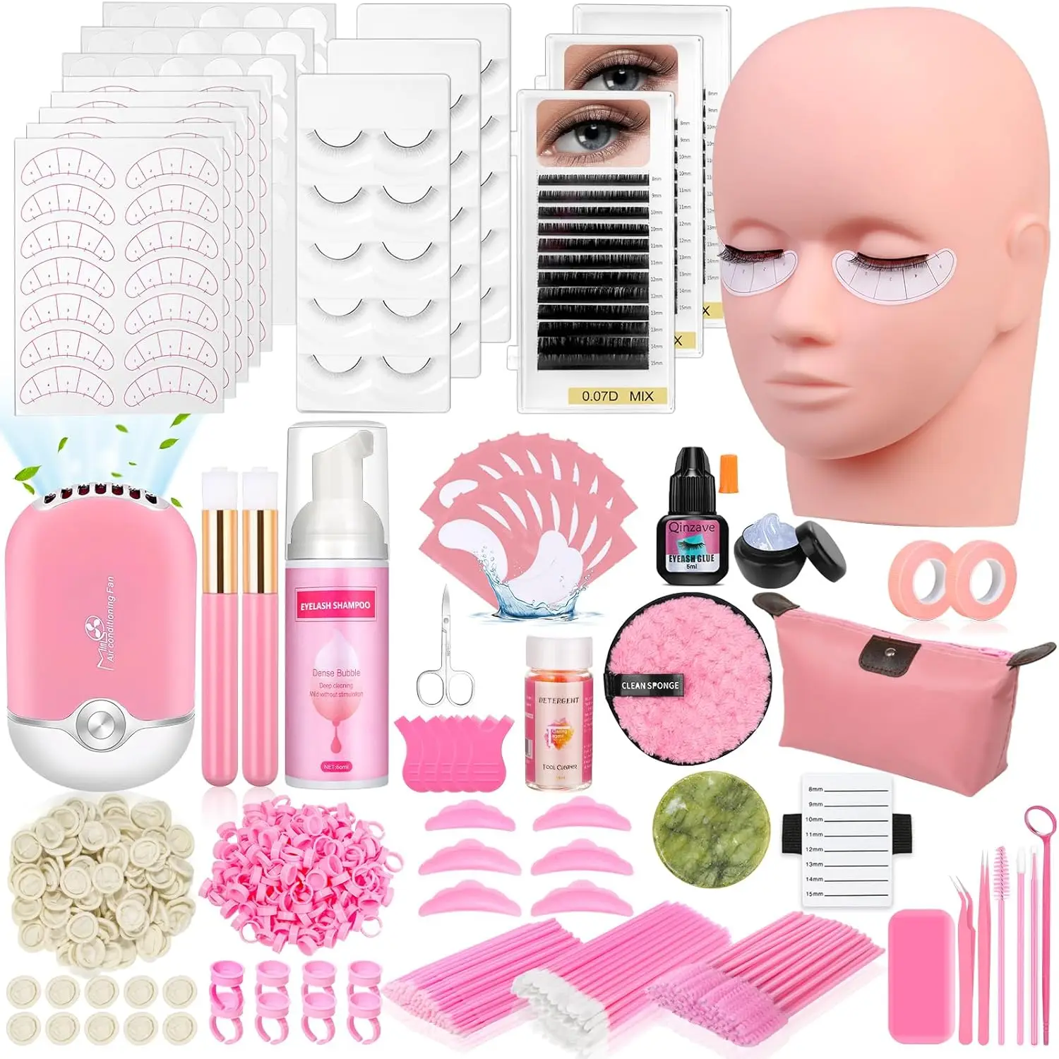 

Professional 470PCS Eyelash Extension Practice Kit with Mannequin Head, Glue, Shampoo & Fan