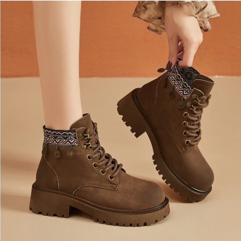 

Women's Fashion Boots with Multi-color Flat Heel Mid-calf Height Lace-up Style Trendy Large Size Versatile High-quality Shoes