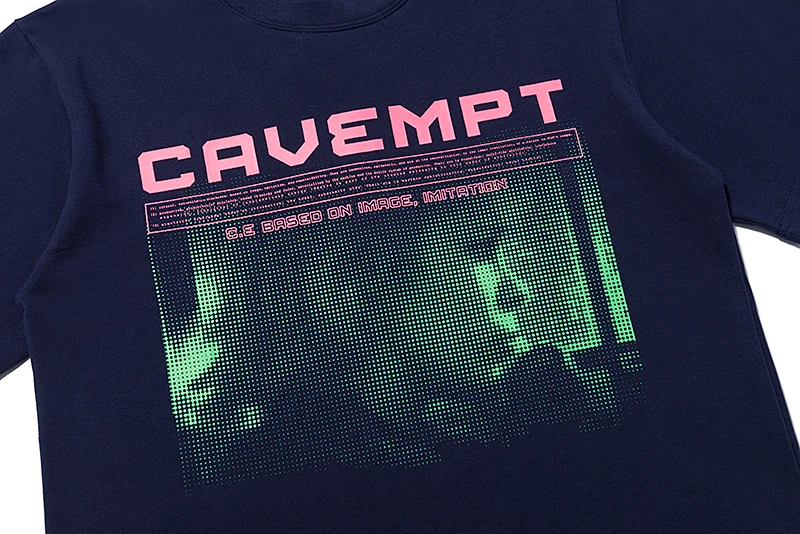 CAVEMPT Tshirts Navy Blue Punk Pixel Portrait Pattern Letter Logo Round Neck Short Sleeve CE Tee Men Women Casual Street Outfit
