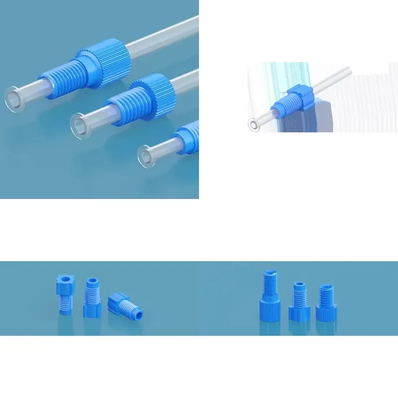 Small plastic fittings 1/4-28 UNF or M6 threaded flange fittings made of PP/PTFE material for standard rigid pipes