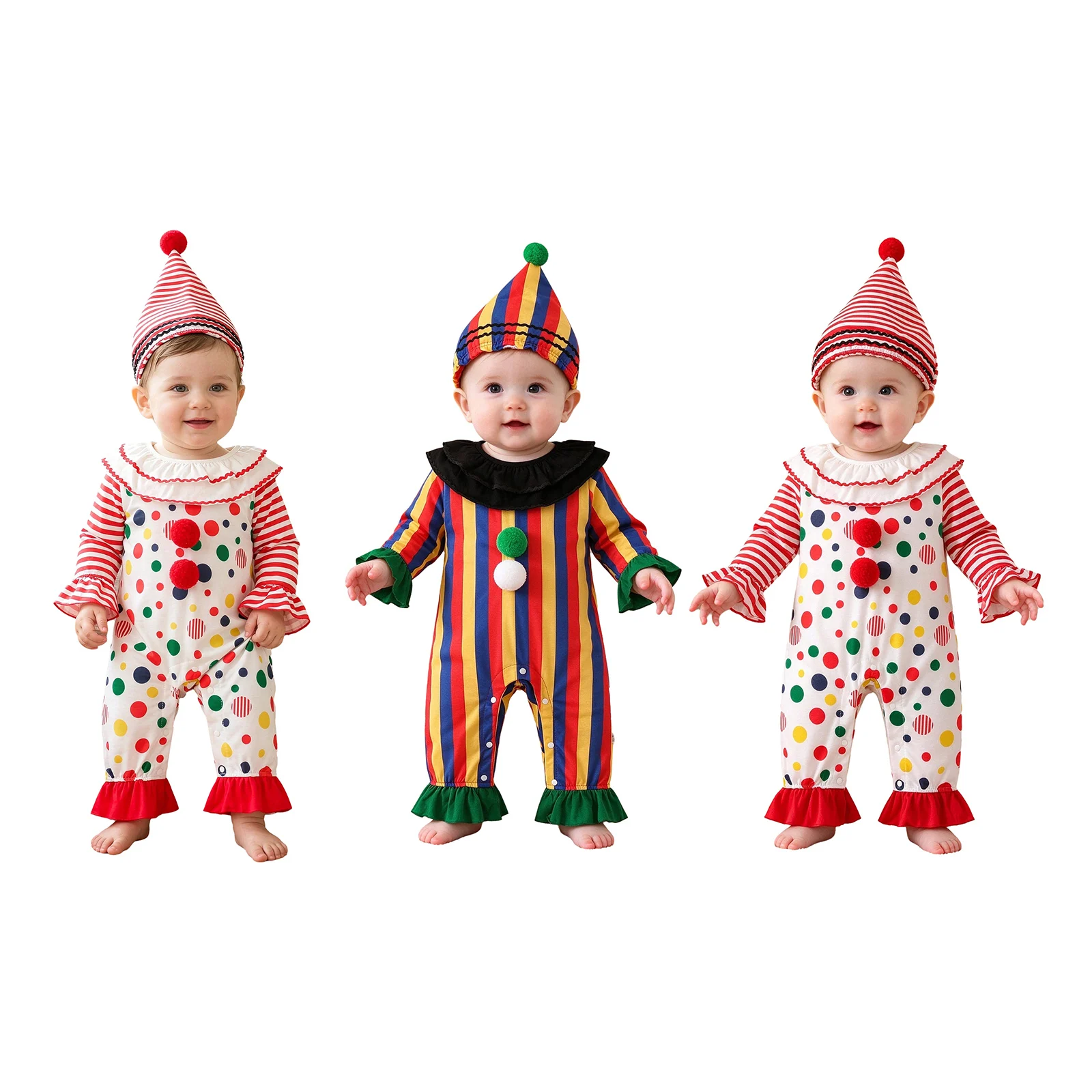 Toddler Baby Clown Costume Ruffled Collar Long Flared Sleeves Striped Bell-bottom Romper with Pompom Hat for Halloween Cosplay view 5