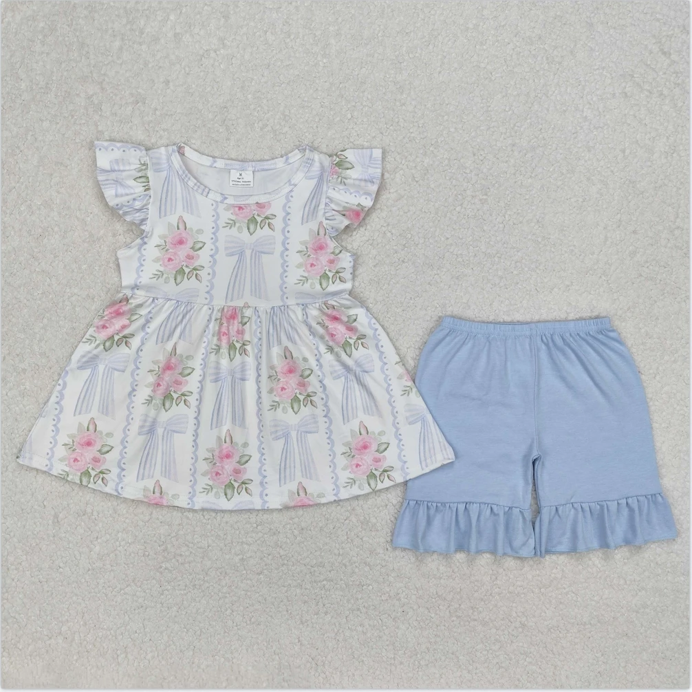 

Hot Sale Baby Girls Kids Clothes Boutique Shorts Fashion Purple Floral Top Flower Bow Clothing Toddler Shorts Girls Clothes Sets
