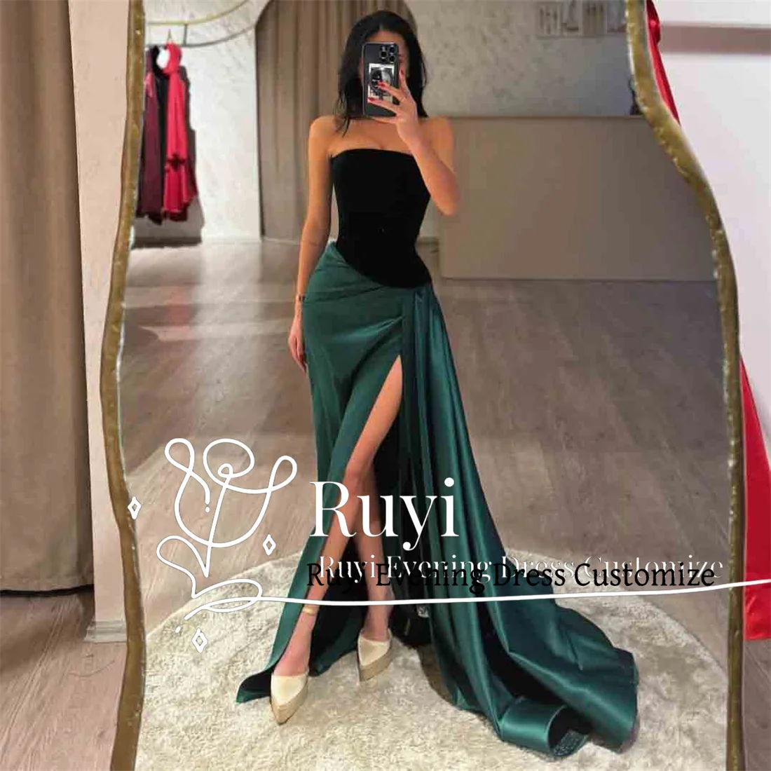 Vestidos de baile de veludo sem alças verde escuro personalizados para ocasiões especiais cetim alta fenda lateral trem formal vestido de noite de casamento