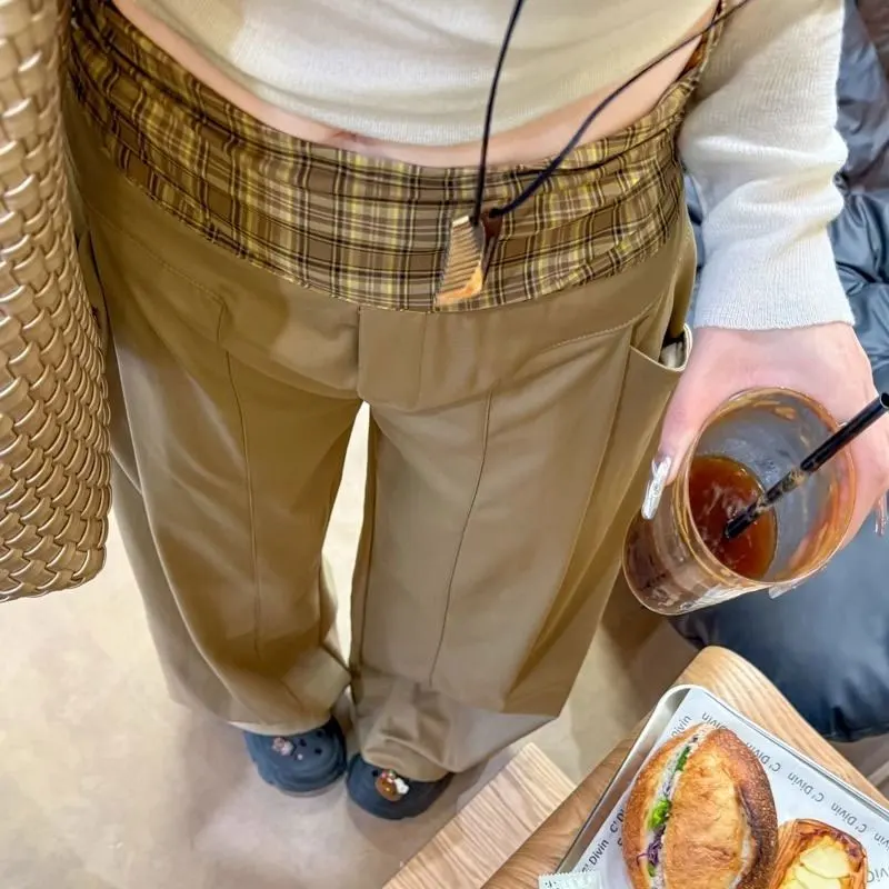 Fashion Vintage Plaid Patchwork Casual Pants Spring Autumn American High Waist Female Clothing Wide Leg Loose Pockets Trousers