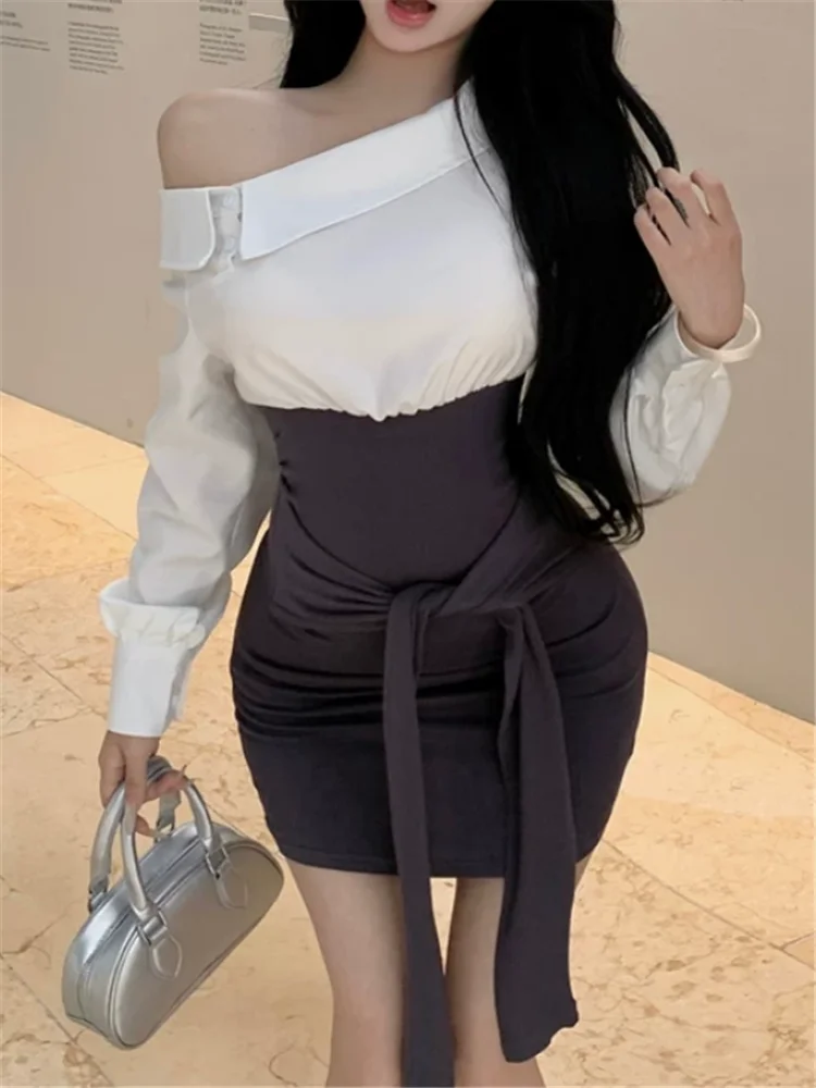 Color Contrast Patchwork Fake Two Piece Slanted Shoulder Mini Dress Stunning 2026 Fall Long Sleeve Slim Tight Short Pencil Dress