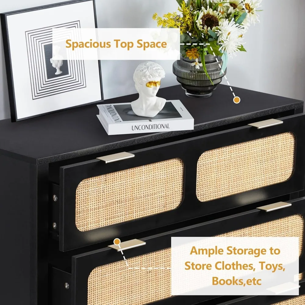 Rattankommode mit 5 Schubladen für Schlafzimmer: Aufbewahrungsschrank aus Holz mit Korbdesign