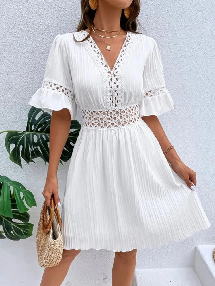 Fashion Women\'s Fashion Elegant Casual Ruffle Sleeve V-neck Woven Hollow Texture Solid Color Simple Waist Dress