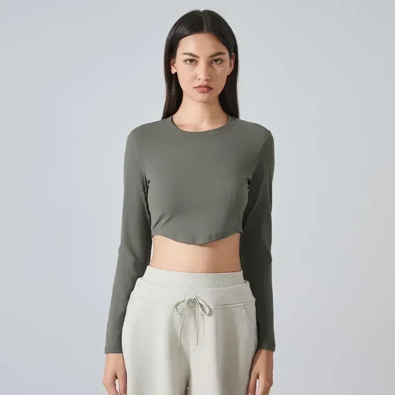 

Lemon Long Sleeve Cropped Tops Solid Color Round Neck Backless Show Navel T-Shirt Women Spring Summer Wear Both Sides Tee Tops