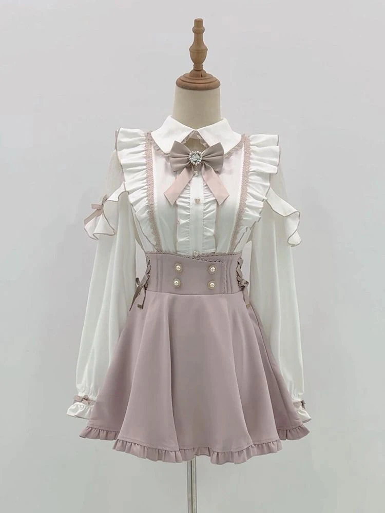 White Long Sleeve Shirt And Pink Halter Skirt Set Women's Fashion Slimming High Waist Autumn New Style Sweet Style Two Piece Set