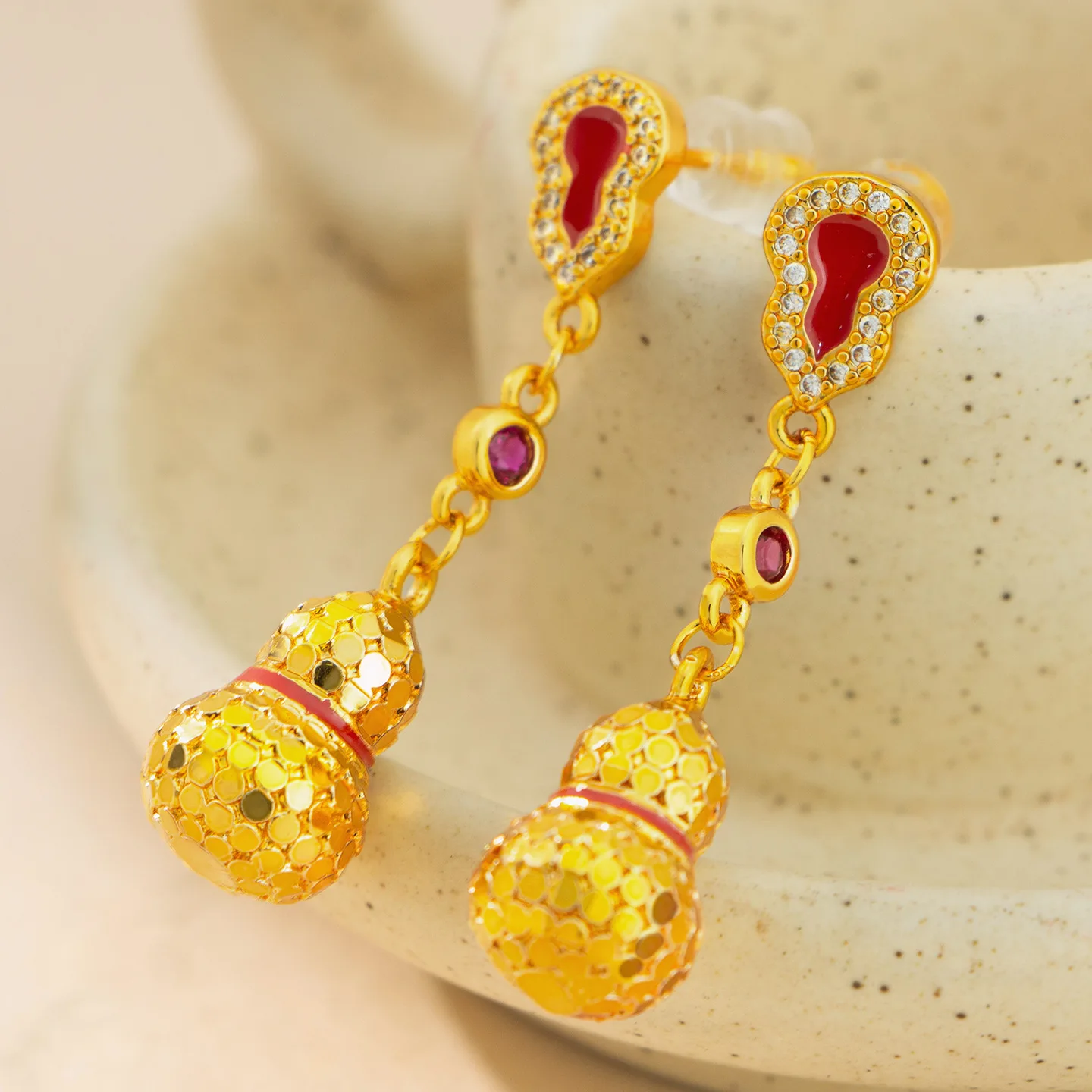 9999 gold color diamond-set ruby hoop earrings - simple and versatile fashion accessories