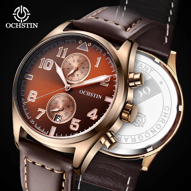 OCHSTIN حزام من الجلد حركة ساعات رجالية كوارتز مقاوم للماء أزياء فاخرة رجل متعدد الوظائف الطيار سلسلة ساعة اليد #5