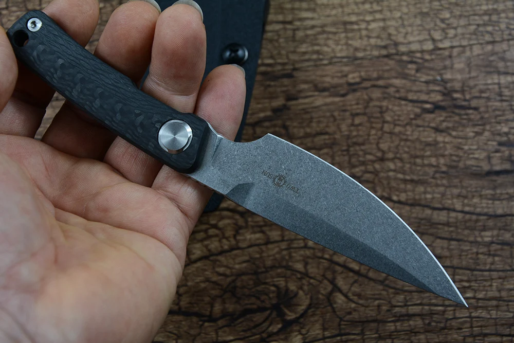 TWOSUN TS540 Fixed Knife M390 Stonewashed Blade Black Carbon Fiber Handle Kydex Sheath for Hunting Outdoor