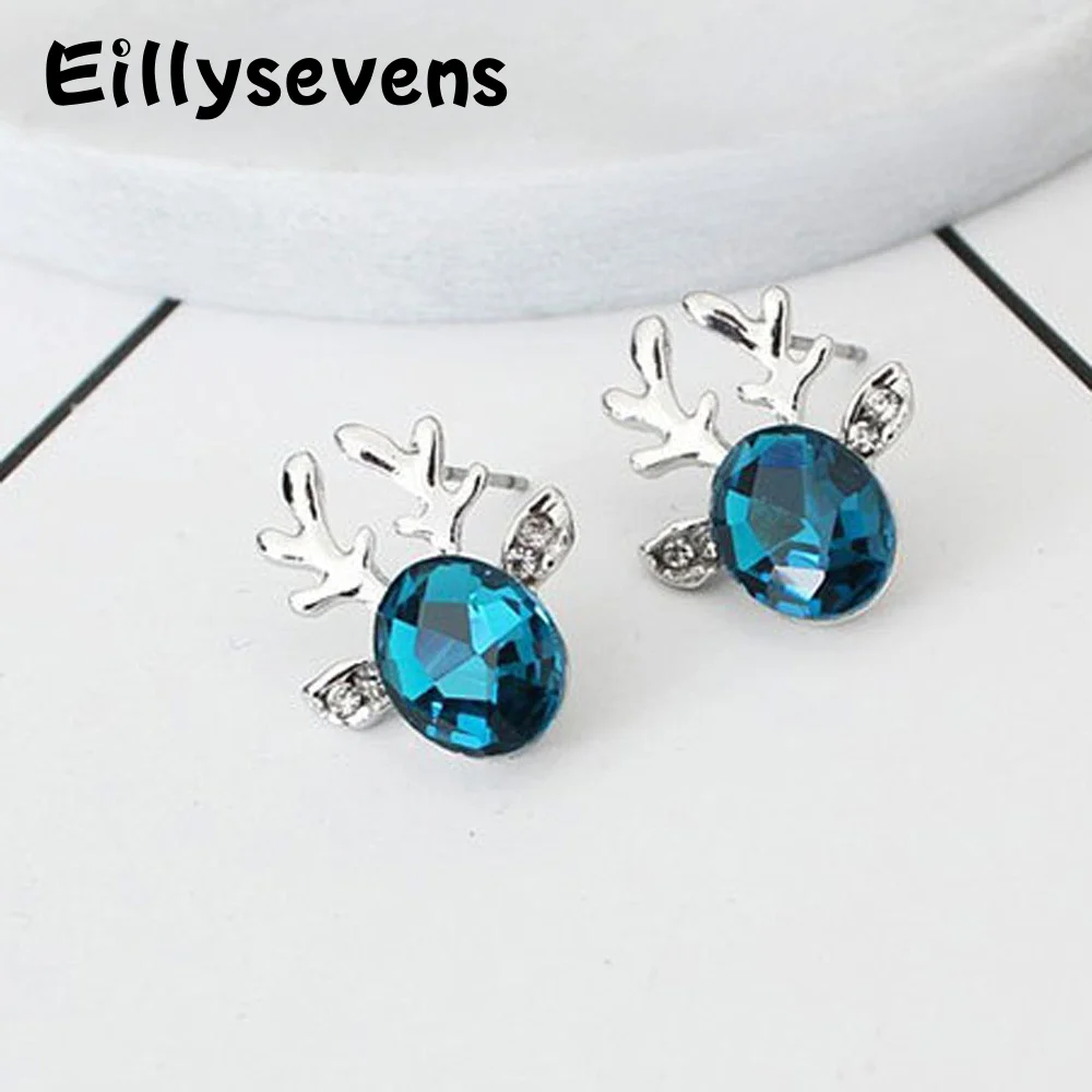 Cartoon Cute Deer Stud Earrings Small Antler Earing For Girls Gemstone Crystal Stone Christmas Gift Jewelry Women Pendientes