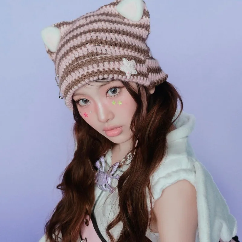 Japanese Ins Handmade Striped Little Devil Warm Knitted Hat Women's Street Cute Y2k Cat Ears Versatile Skull Beanie Hats Bonnet