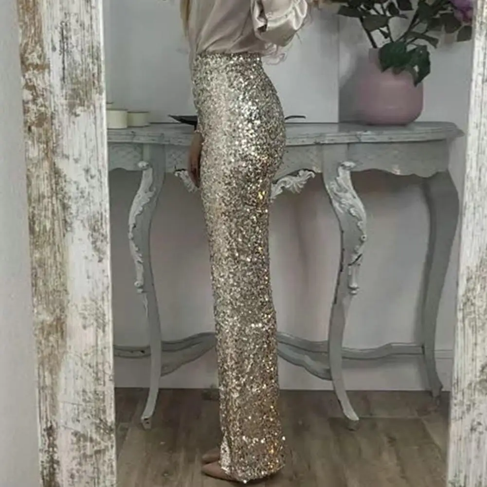 2024 new fashion women's elegant trouser Glitter High Waist Bell-bottomed Sequins Pants Female clothing outfits for women