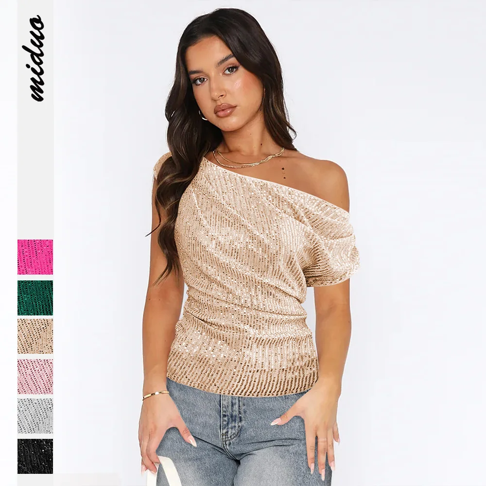 

Женский облегающий топ с бисером и пайетками, сексуальный дизайн с открытыми плечами, однотонный, модный женский топ для 2024 года