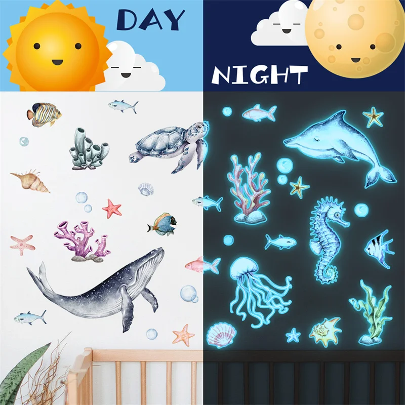 Luminous Ocean Animal Wall Sticker For Kids Bedroom Decor Baby Room Fluorescent Night Llight Whale Sticker Shines In The Dark